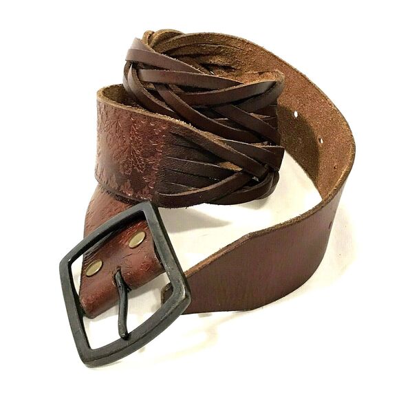 Brutalist Belt Woven Leather 32 - 36 Brown Tooled Flower Butterfly Boho Hippie main image 6
